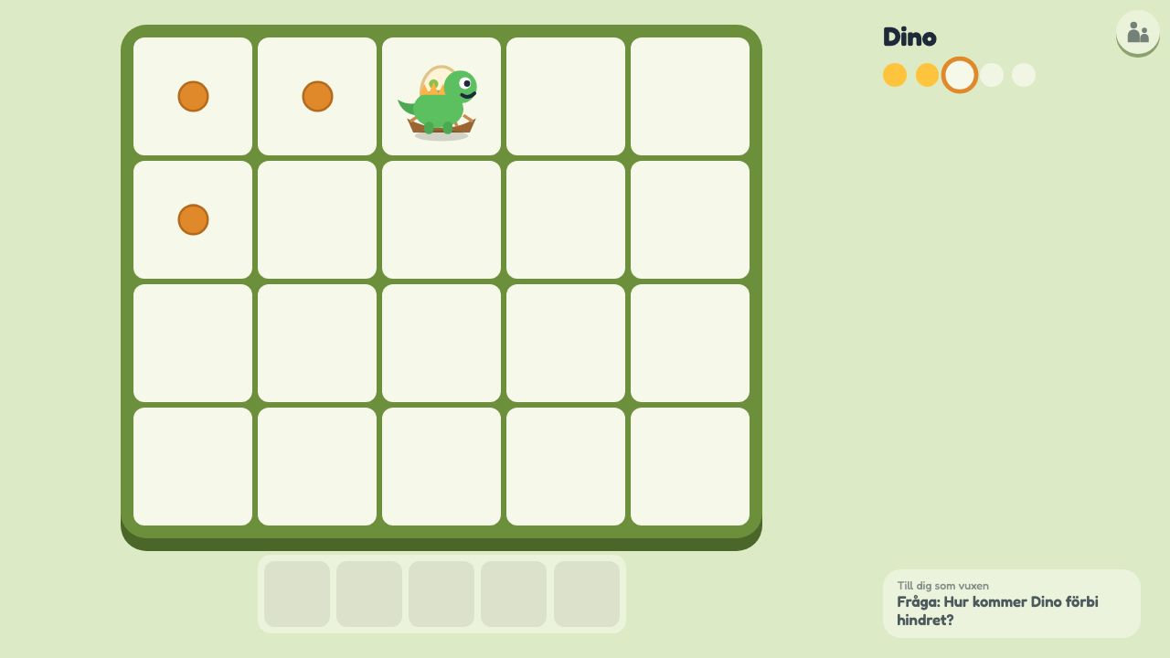 Dinosaurien Dino på spelplanen, med orange fotspår i rutorna den har gått genom.
