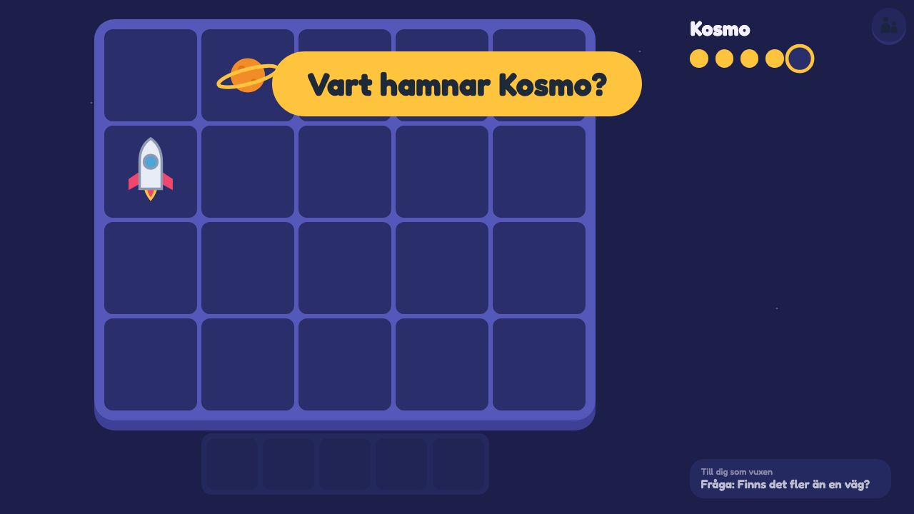 Tv:n visar spelplanen med raketen Kosmo och en gul pratbubbla: Vart hamnar Kosmo?